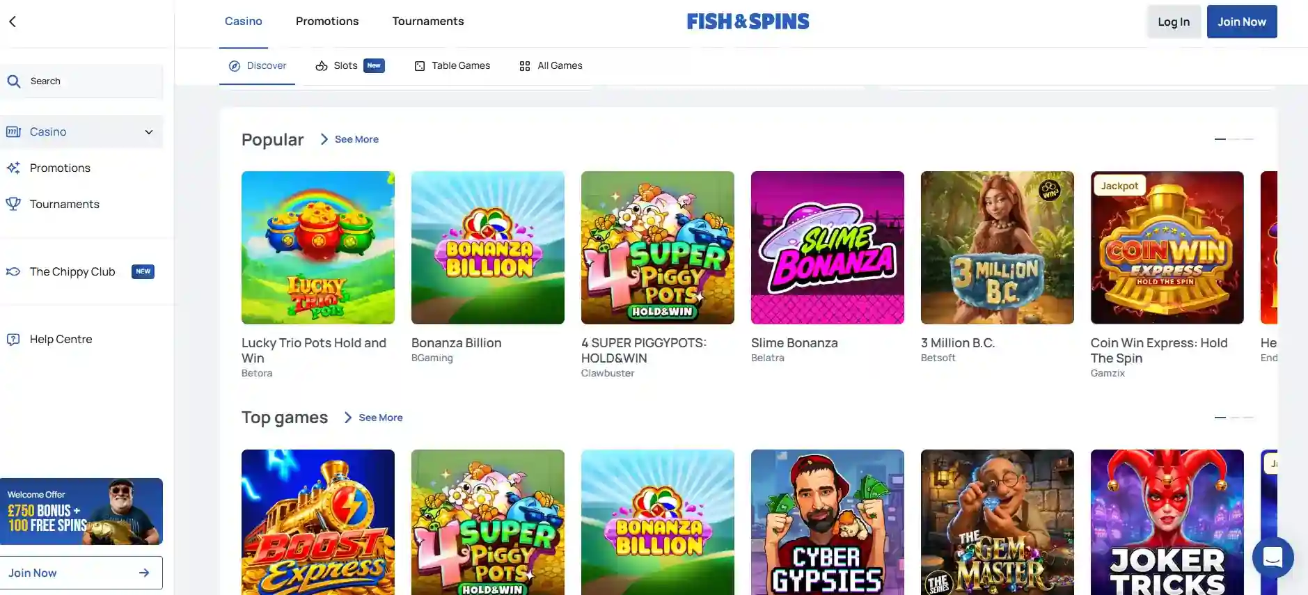 Fish & Spins game lobby showing current casino categories and providers