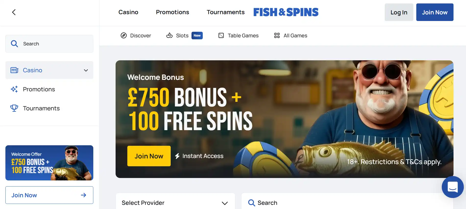 Fish & Spins official homepage showing the current brand styling and welcome offer