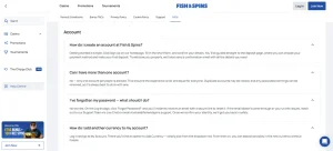 Fish & Spins FAQ showing account creation and one-account guidance