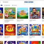 Fish & Spins homepage game tiles showing provider names beneath current titles
