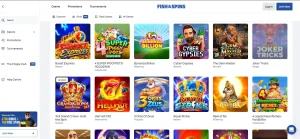 Fish & Spins homepage game tiles showing provider names beneath current titles