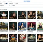 Fish & Spins live games page with live table tiles and provider filter