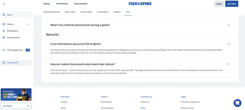 Fish & Spins official FAQ section explaining document upload and verification status