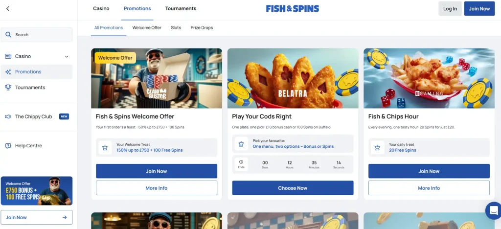 Fish & Spins official promotions page showing the current welcome offer and promotions list