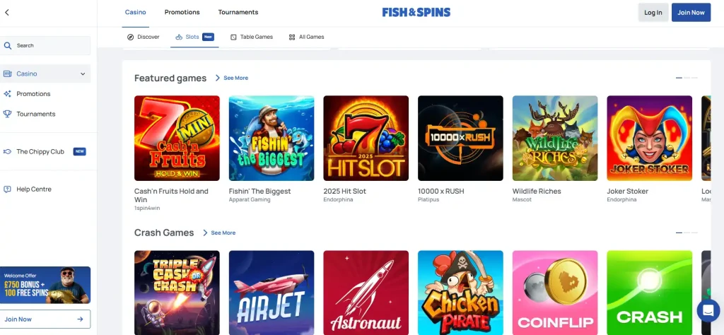 Fish & Spins official slots page with slot tiles and provider filter