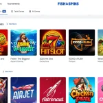 Fish & Spins official slots page with slot tiles and provider filter