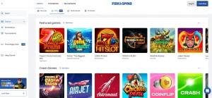 Fish & Spins official slots page with slot tiles and provider filter