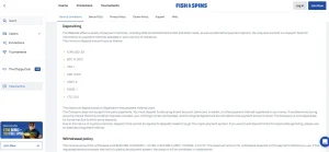 Fish & Spins official terms showing the depositing section and minimum deposit amounts