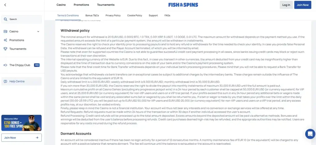 Fish & Spins official terms showing the withdrawal policy and payout limits