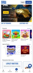 Fish & Spins official website displayed in a mobile browser viewport