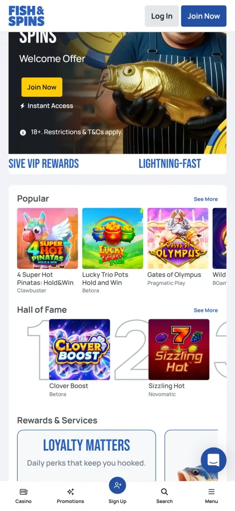 Fish & Spins official website displayed in a mobile browser viewport