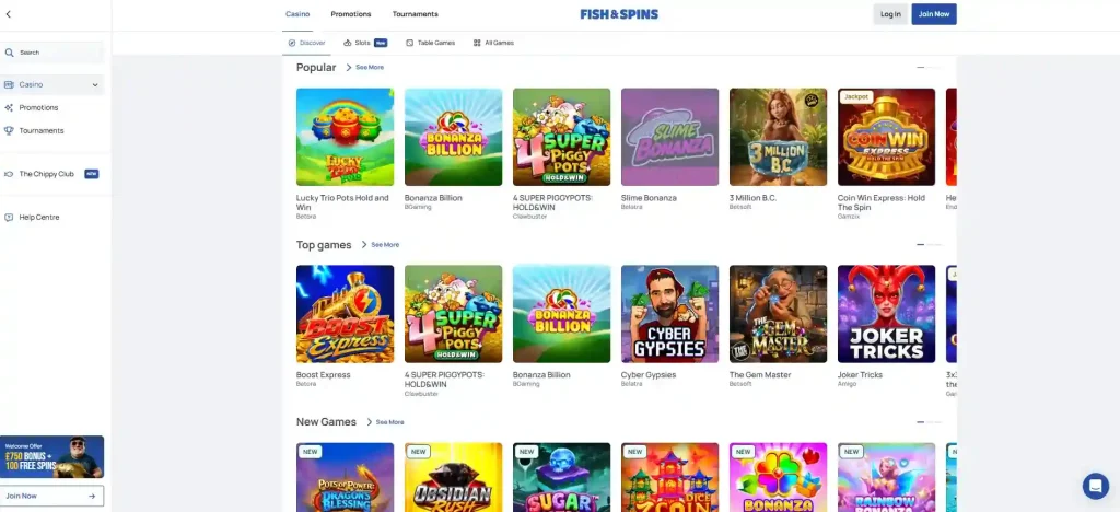 Fish & Spins public games lobby with game tiles and provider filter