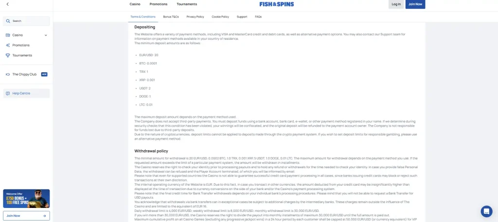 Fish & Spins terms showing deposit and withdrawal payment conditions